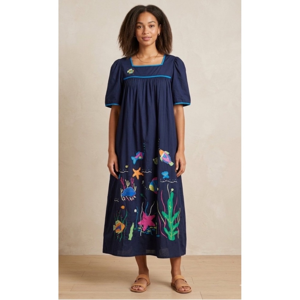 Smithsonian Institution Navy Cotton Embroidered Undersea Midi Dress XL